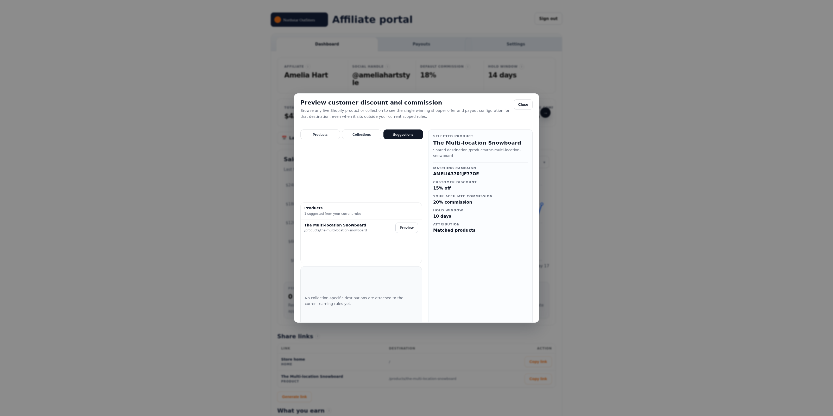 Offer preview dialog with selected product and matched campaign