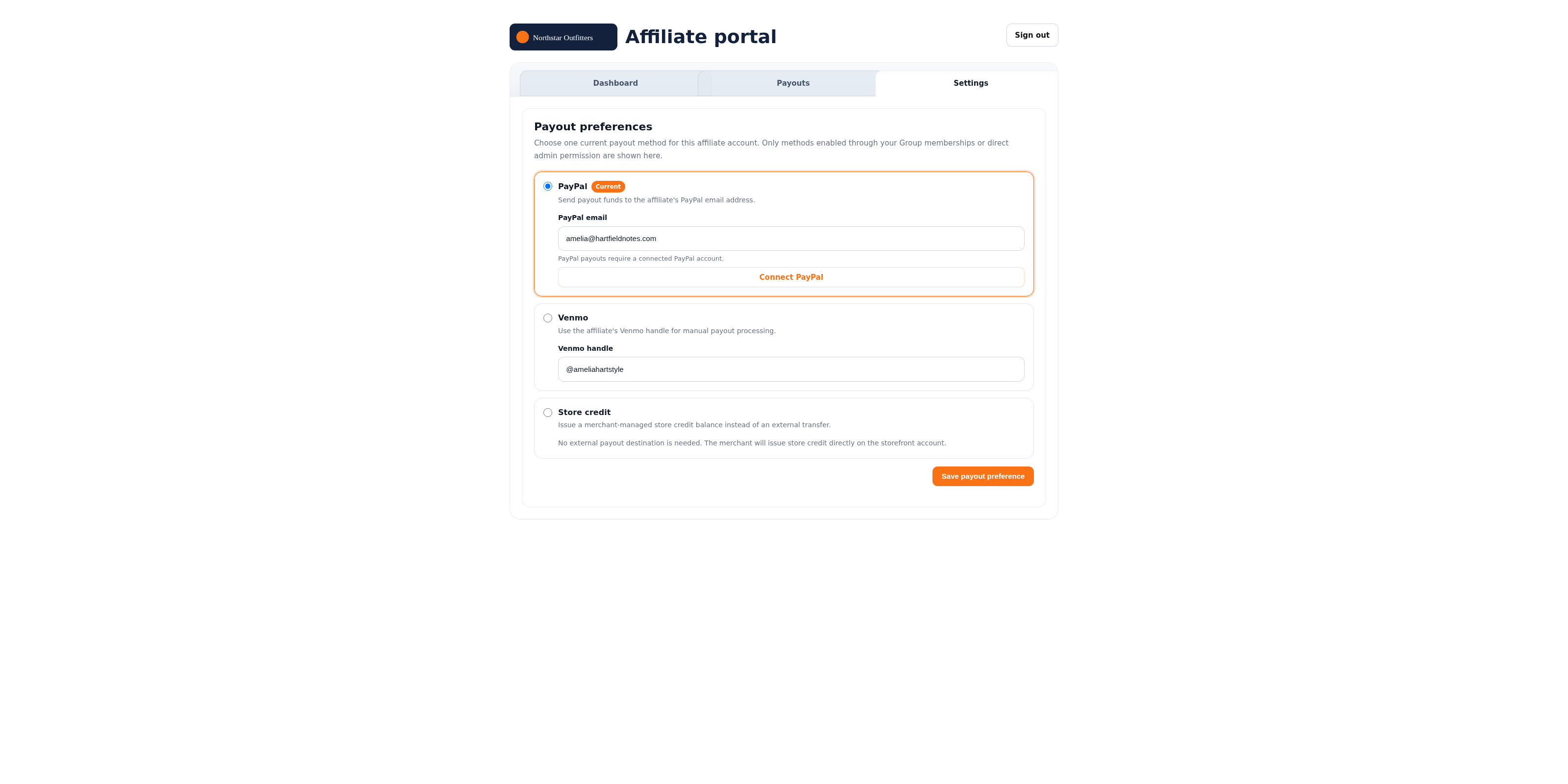 Payout preferences card with PayPal, Venmo, and store credit options