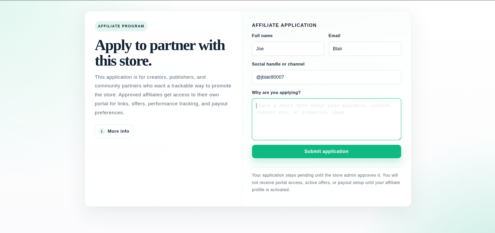 Public affiliate signup form on a Shopify storefront