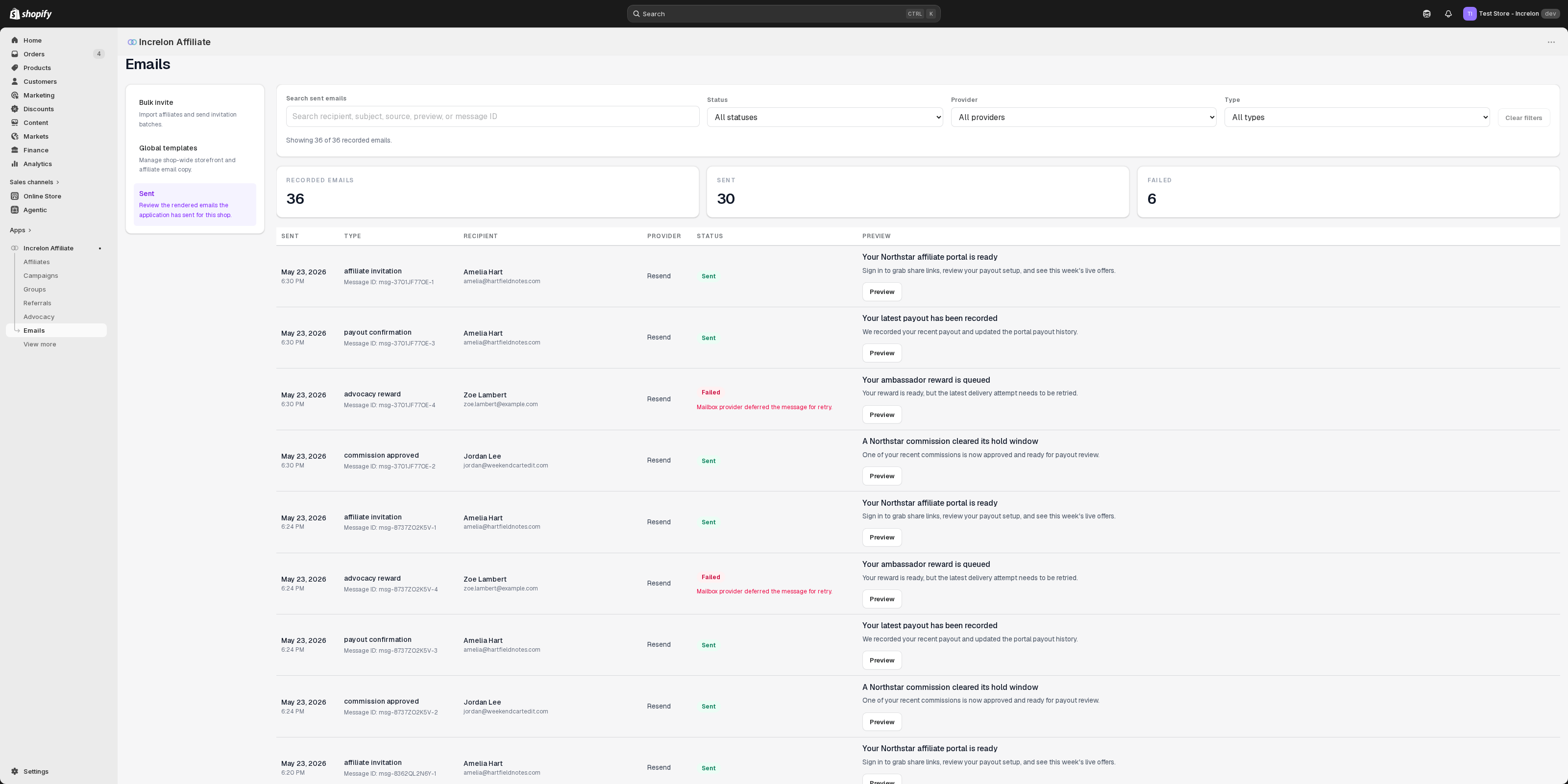 Sent email log filterable by status and provider